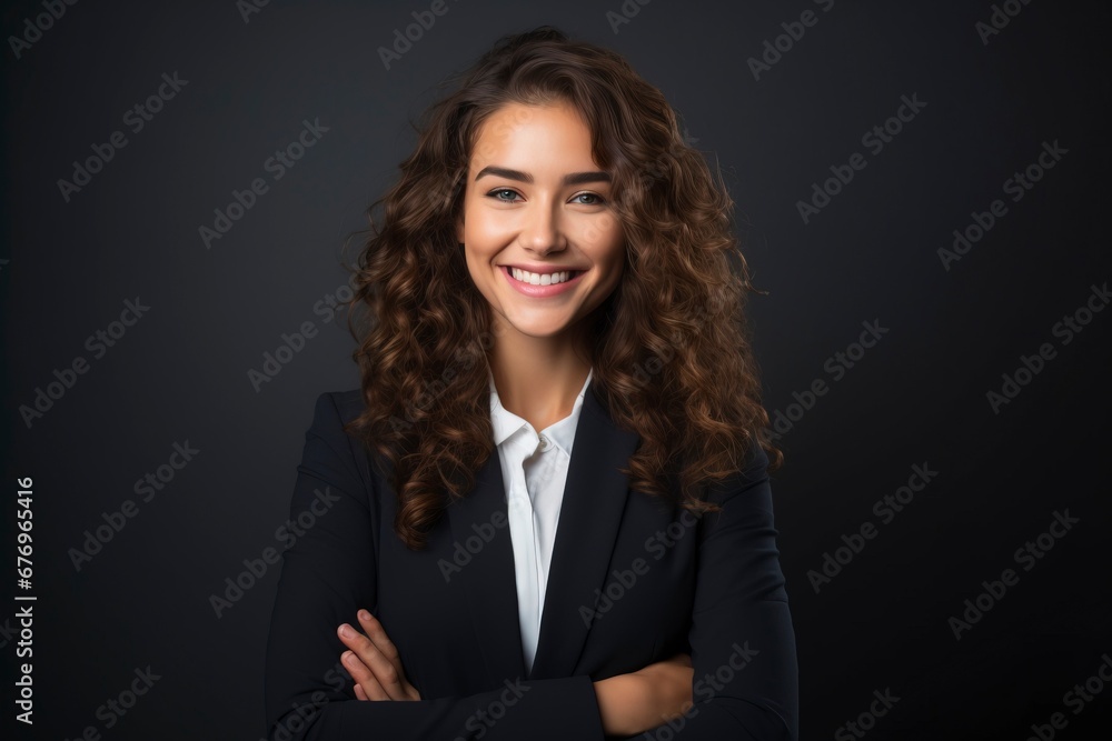 Photo of a successful businesswoman. friendly smiling office, one color background, generative ai Photo of a successful businesswoman. friendly smiling office, one color background, generative ai