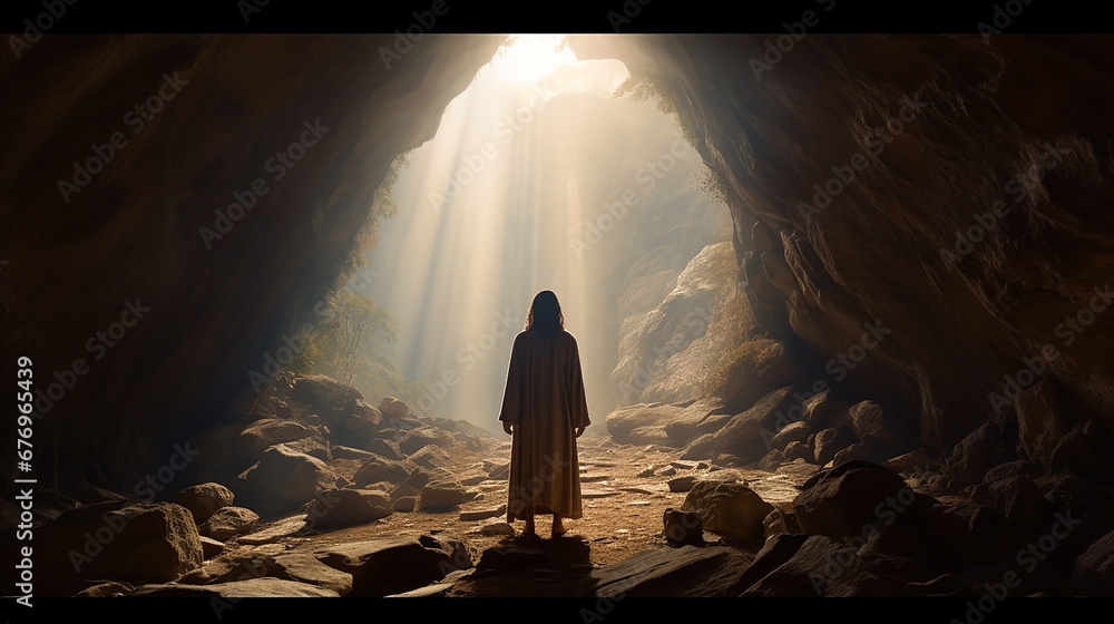 Fototapeta premium jesus cristo saindo da caverna em direção a luz do pai
