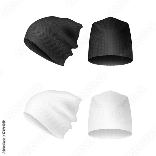 Realistic beanies. Isolated beanie mockup template, fashion stocking cap black white design, knit wool thief hat, 3d winter clothes fleece knitted hats, decent vector illustration