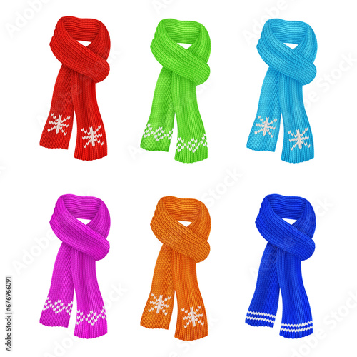 Realistic knitted scarfs. 3d muffler wool scarf or woolen fashion neckerchief, cold winter ski outfit warm knit clothes, christmas scarves ad concept decent vector illustration