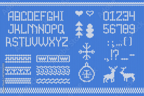 Sweater font. Crocheted sweaters letters knitting font, ugly folk christmas jumper embroidery design elements for norway xmas party, crochet wool pattern decent vector illustration