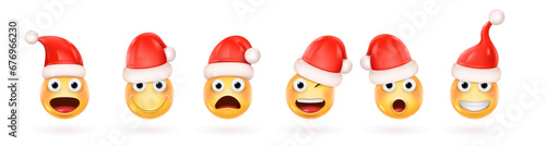 3d christmas emoticons. Xmas emojis, smiling emoticon faces in santa claus cap, yellow crazy smiles facial feelings, winter holiday character expression decent vector illustration