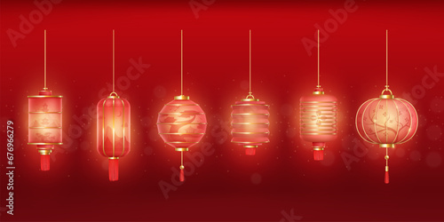 Asian glowing lanterns. 3d chinese lamp with lights effect, red silk or paper lantern on tradition culture china japan festival, chinatown oriental decor decent vector illustration photo