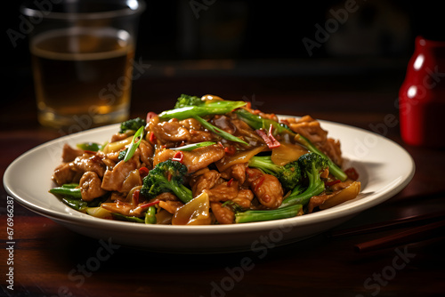 A delightful dish of Pad See Ew, showcasing stir-fried wide rice noodles with chicken, Chinese broccoli, and soy sauce, served with a side of chili vinegar. Ai Generated.NO.01