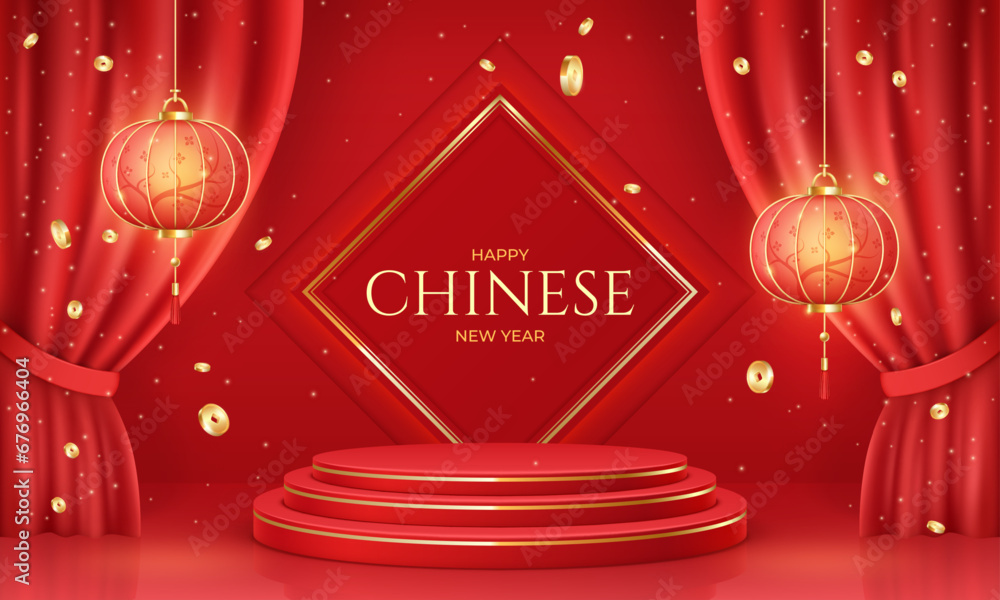 Chinese almanac. Stairs in asian new year or spring entry realistic greeting poster, red lanterns cny curtains traditional festive china lunar calendar, decent vector illustration - obrazy, fototapety, plakaty 