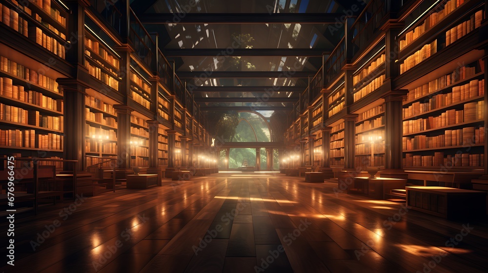 A library with book-filled shelves illuminated by soft, warm lighting.