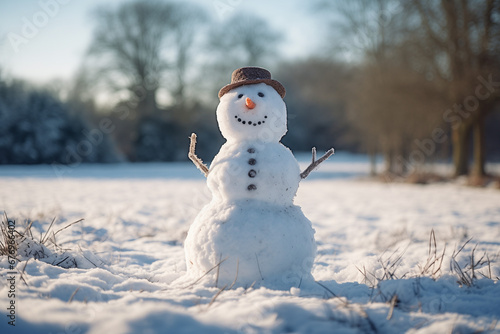 Snowman in Snowy Winter Christmas Setting