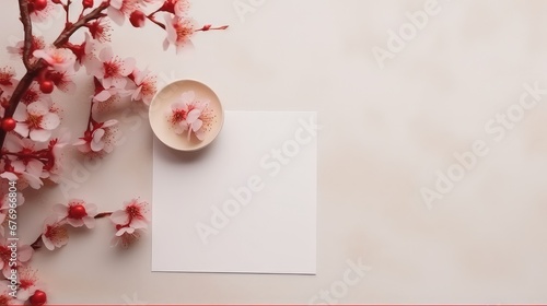 minimalistic chinese new year postcard with empty space for congratulations with cherry blossom branch decoration 