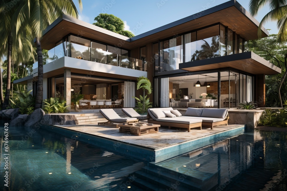 Fototapeta premium A modern home and swimming pool next to the ocean