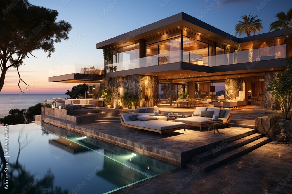 A modern home and swimming pool next to the ocean