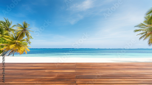 Empty table  sea and palm trees in blurred background