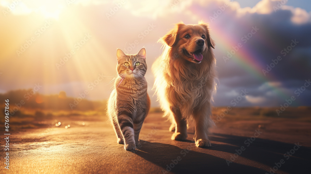 Cat and dog looking at rainbow - concept of pets passing away - obrazy, fototapety, plakaty 