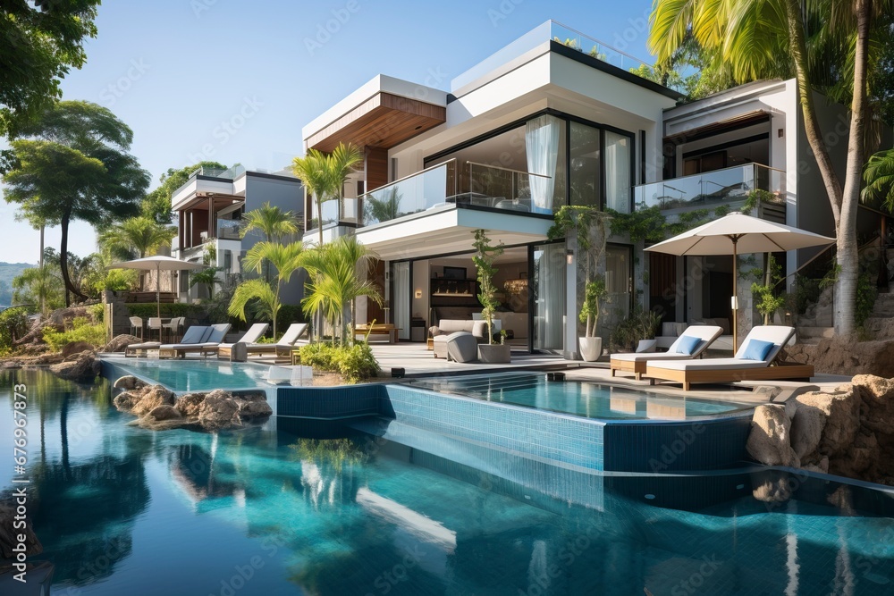 A modern home and swimming pool next to the ocean