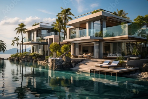 A modern home and swimming pool next to the ocean © Photo Designer 4k