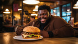 Smiling fat black man eating burger in a restaurant
