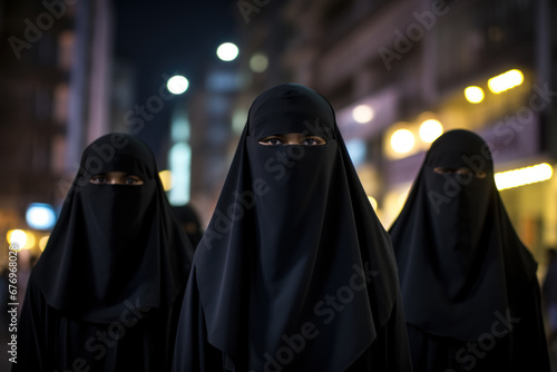 Three Middle Eastern women wearing niqab on city street photo