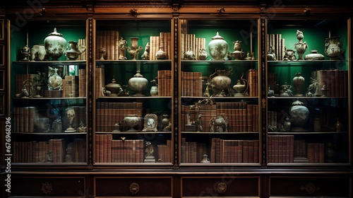 A library with a collection of antique and rare books in glass cases.