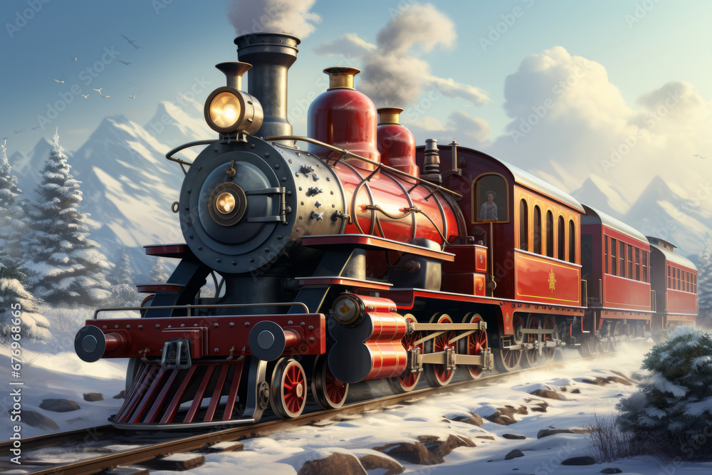 Fairytale red train in holiday card style. Merry Christmas and Happy New Year