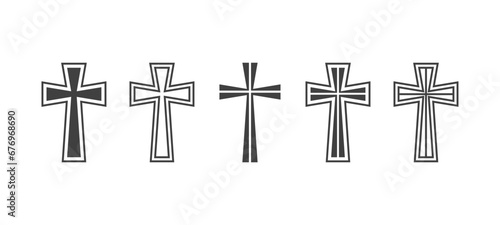 Flat Vector Black Christian Cross Icons Set Isolated on a White Background. Line Silhouette Cut Out Christian Crosses Collection photo