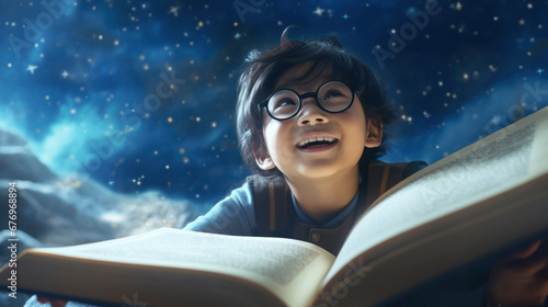 Education for your children concept. A happy boy with a book riding on a cloud in the night sky to explore, learn, and take his own adventure for his success.