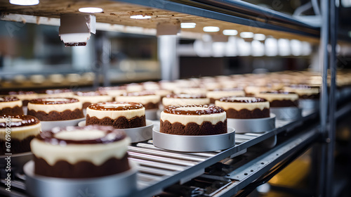 Production line in a bakery food factory with cakes on an automated round conveyor machine,