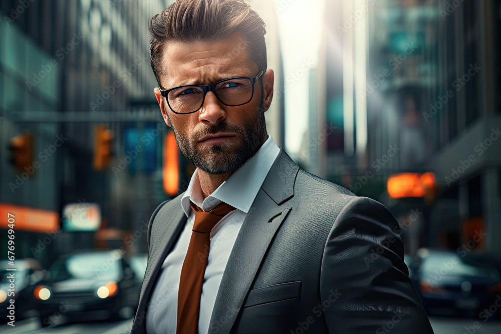 Portrait of a handsome man in the glasses and the suit standing on the street of busy city Made with Generative AI Portrait of a handsome man in the glasses and the suit standing on the street of busy city Made with Generative AI