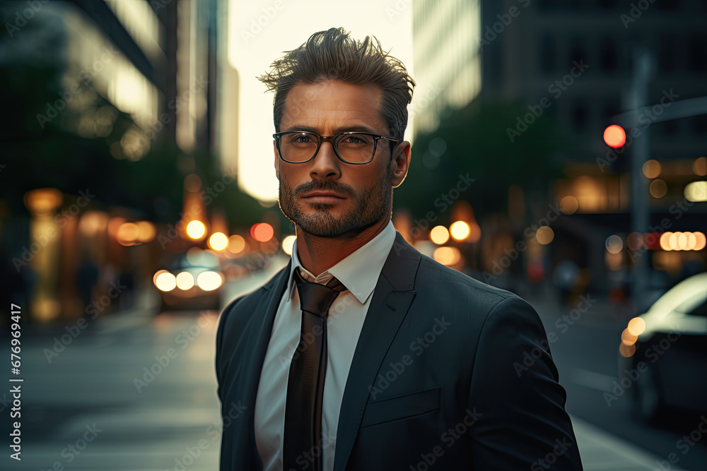 Portrait of a handsome man in the glasses and the suit standing on the street of busy city Made with Generative AI Portrait of a handsome man in the glasses and the suit standing on the street of busy city Made with Generative AI