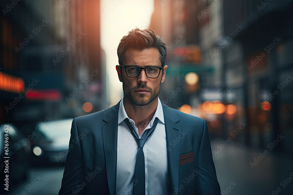 Portrait of a handsome man in the glasses and the suit standing on the street of busy city Made with Generative AI Portrait of a handsome man in the glasses and the suit standing on the street of busy city Made with Generative AI