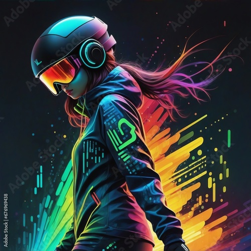 abstract art of a girl with multi-colour theme with a helmet and headphones