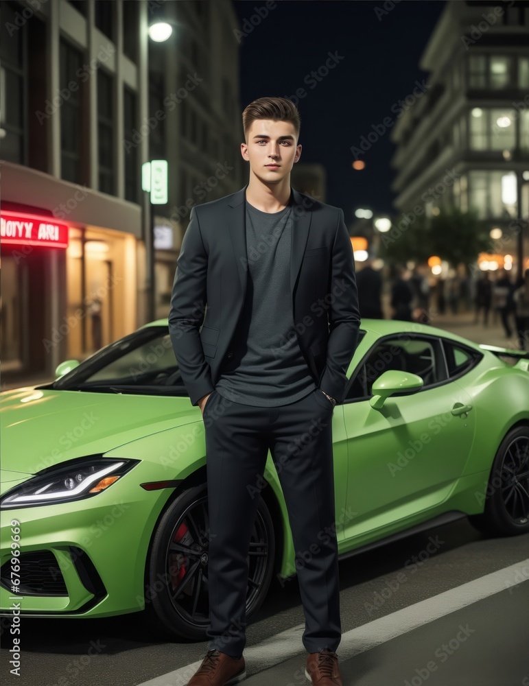 A handsome man in a black suit standing in front of a green car