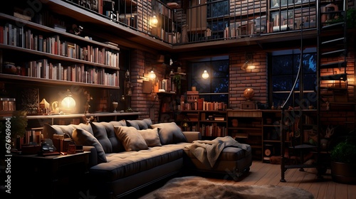 A library with a cozy corner for graphic novel enthusiasts.
