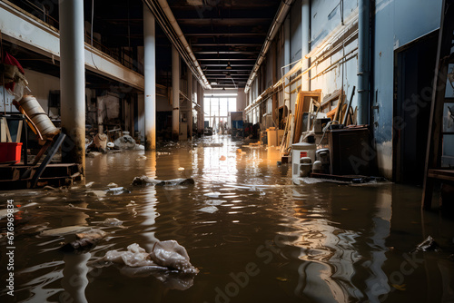 warehouse flooded, industrial building damaged by water photo