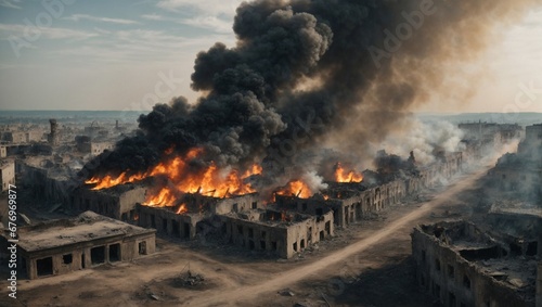 bird's-eye view of smoking ruins of deserted destroyed houses in megapolis from bombs or earthquake