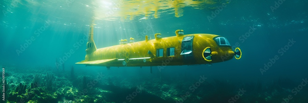 Fototapeta premium Yellow submarine. Exploring the depths of the ocean