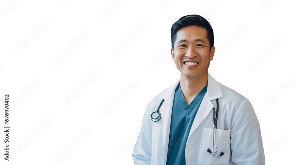 Asian doctor smiling to the camera standing isolated in white transparent background. Asian doctor smiling to the camera standing isolated in white transparent background.