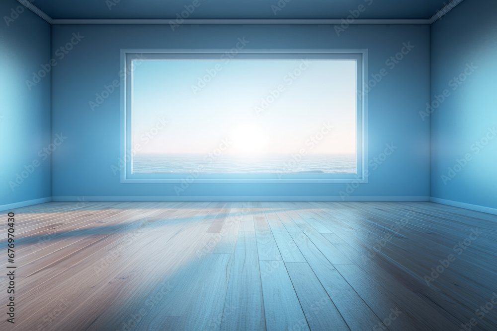Clean interior with empty copyspace, Interior of empty room with blue wall and vase with flowers, Empty apartment room with wooden floor of beach house. Sea view from windows Clean interior with empty copyspace, Interior of empty room with blue wall and vase with flowers, Empty apartment room with wooden floor of beach house. Sea view from windows
