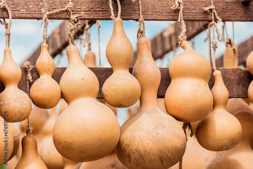 Closeup of Chinese calabash gourds, bottle gourds hanging in an outdoors market photo