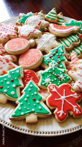 Holiday Delights: Sparkling Cookies and Ornamental Magic Capture the magic of the holiday season with a spread of glistening Christmas cookies and ornate decorations on the table. © PixelGallery