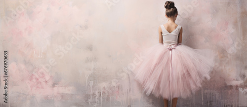 Ballet themed background large copy space, Young beautiful woman ballet dancer, dressed in professional outfit, pointe shoes