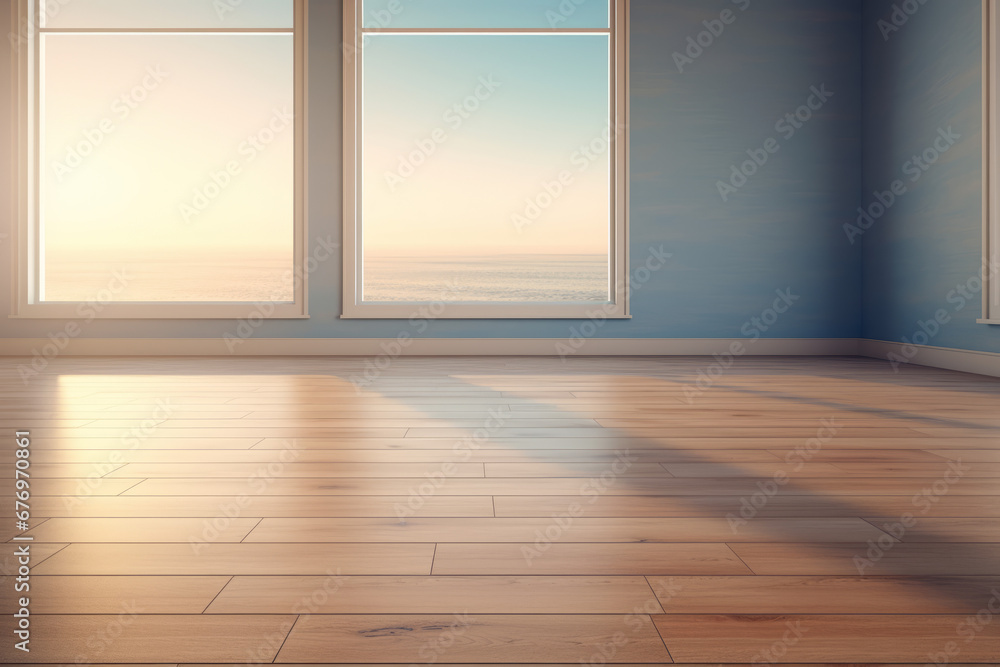 Clean interior with empty copyspace, Interior of empty room with blue wall and vase with flowers, Empty apartment room with wooden floor of beach house. Sea view from windows Clean interior with empty copyspace, Interior of empty room with blue wall and vase with flowers, Empty apartment room with wooden floor of beach house. Sea view from windows