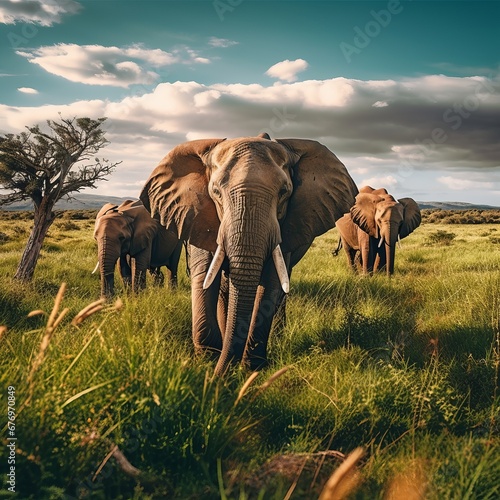 Herd of elephants graze in a grass shelter