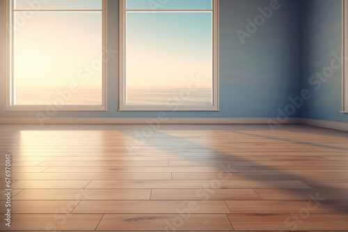 Clean interior with empty copyspace  Interior of empty room with blue wall and vase with flowers  Empty apartment room with wooden floor of beach house. Sea view from windows