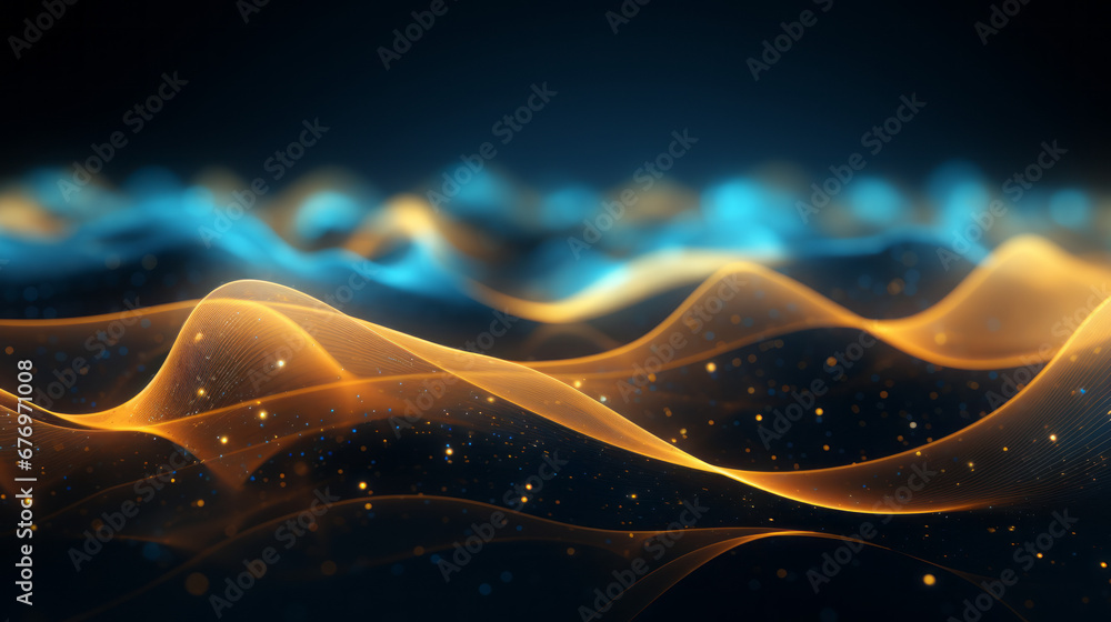 Golden wave of light on a black background, bright particles. Sound and ...