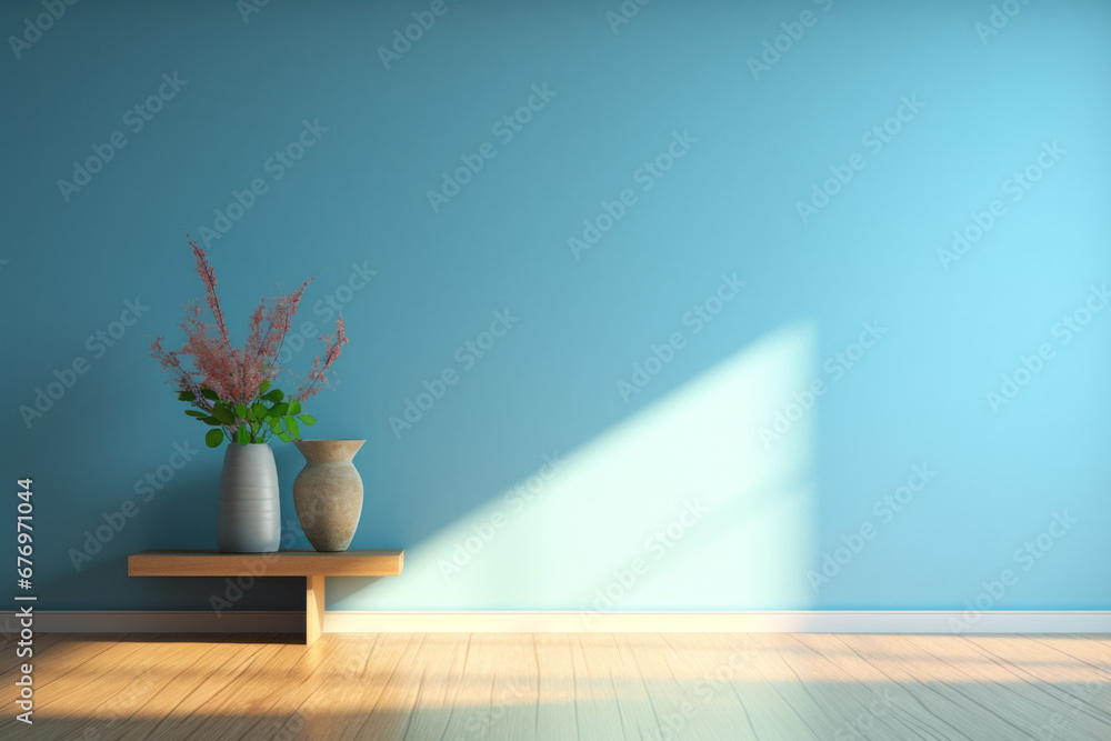 Clean interior with empty copyspace, Interior of empty room with blue wall and vase with flowers, Empty apartment room with wooden floor of beach house. Sea view from windows