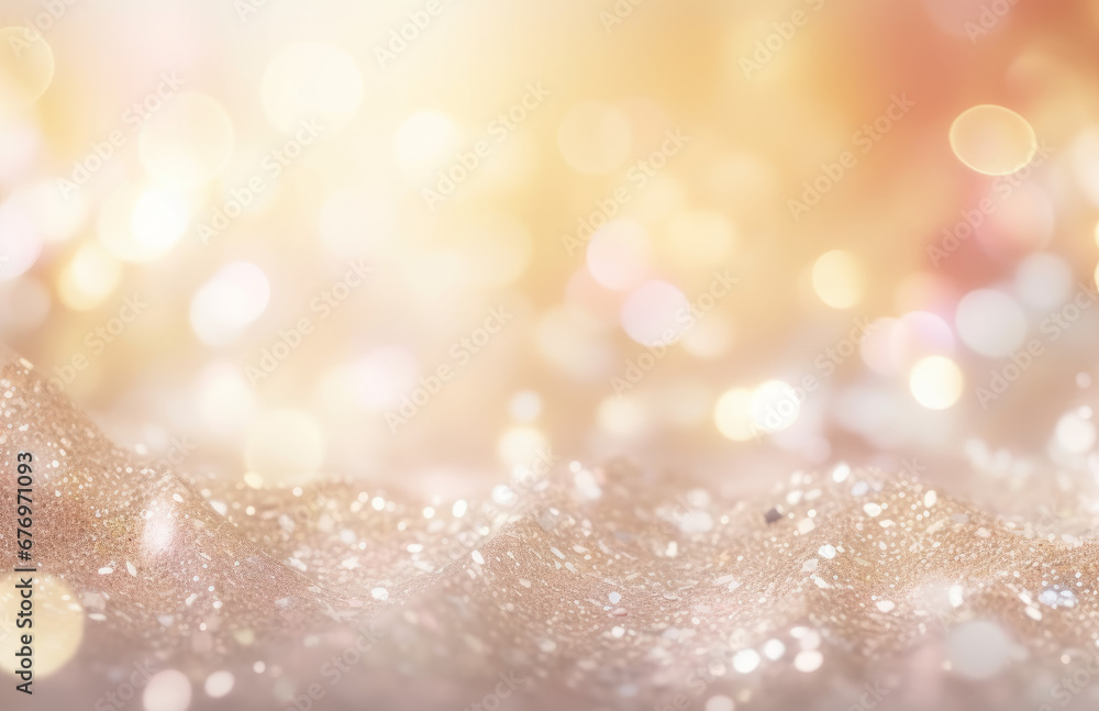 Glitter, sparkle defocused blurred light pastel pink background with bokeh lights, Christmas and New Year holidays blured background