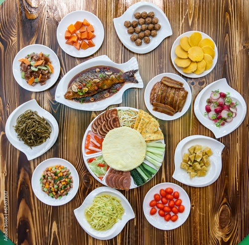 Closeup of various traditional chinese flavor dishes on a table