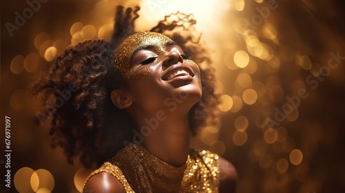 African woman face in gold concept. Dark skin and golden glittering makeup on her body with luxurious vibe for advertisment.