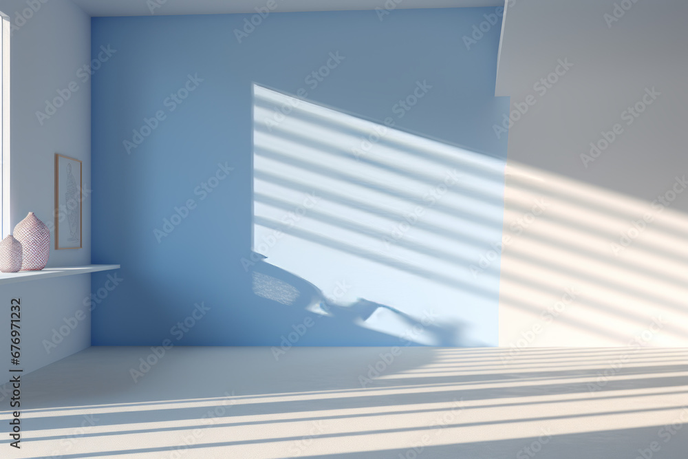 Obraz premium Clean interior with empty copyspace, Interior of empty room with blue wall and vase with flowers, Empty apartment room with wooden floor of beach house. Sea view from windows