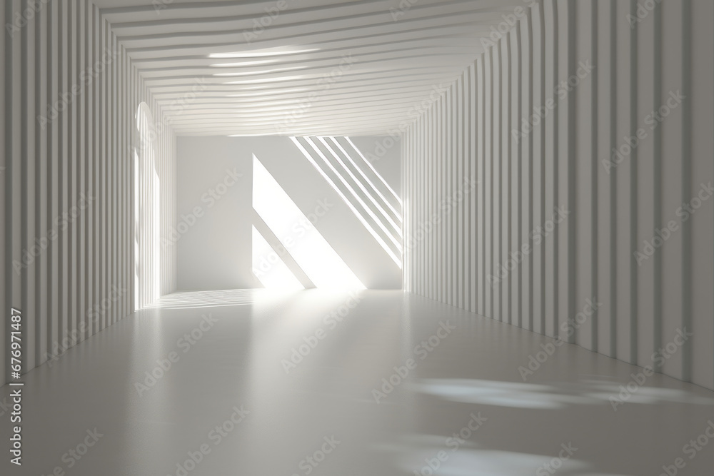 Fototapeta premium White Vertical Glass Striped Wall Background with Reflection Interior Room. A white Empty room Surreal Minimalistic style morning light copy space, Abstract colour background with lines