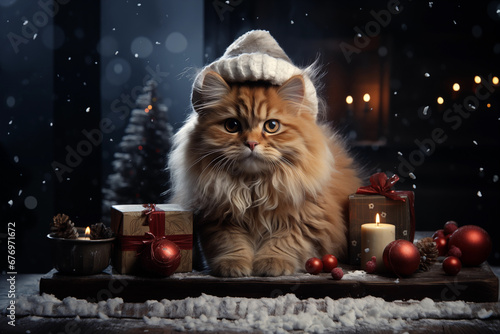 Christmas card background for cat lovers, festive cute cat in santa clause costume, christmas tree, candles, parcels and presents. Charming scenery with Christmas elements, heart-warming ambience.